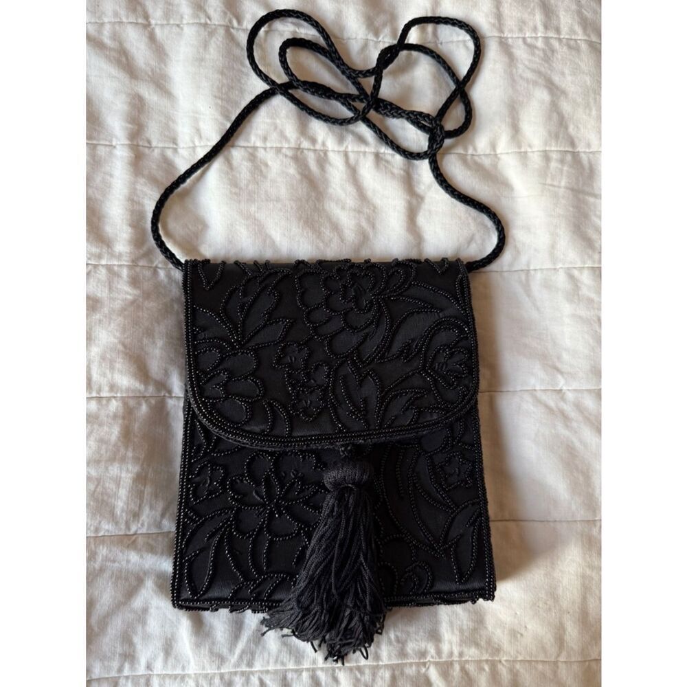 1990s/ Y2K Evening Party Beaded and Tassle Black Handbag